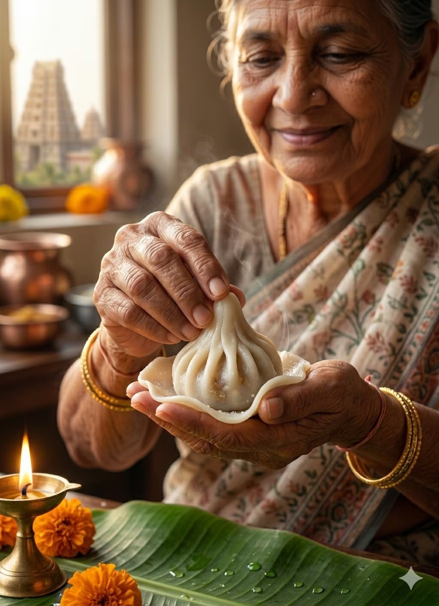 Hands shaping modak dough
