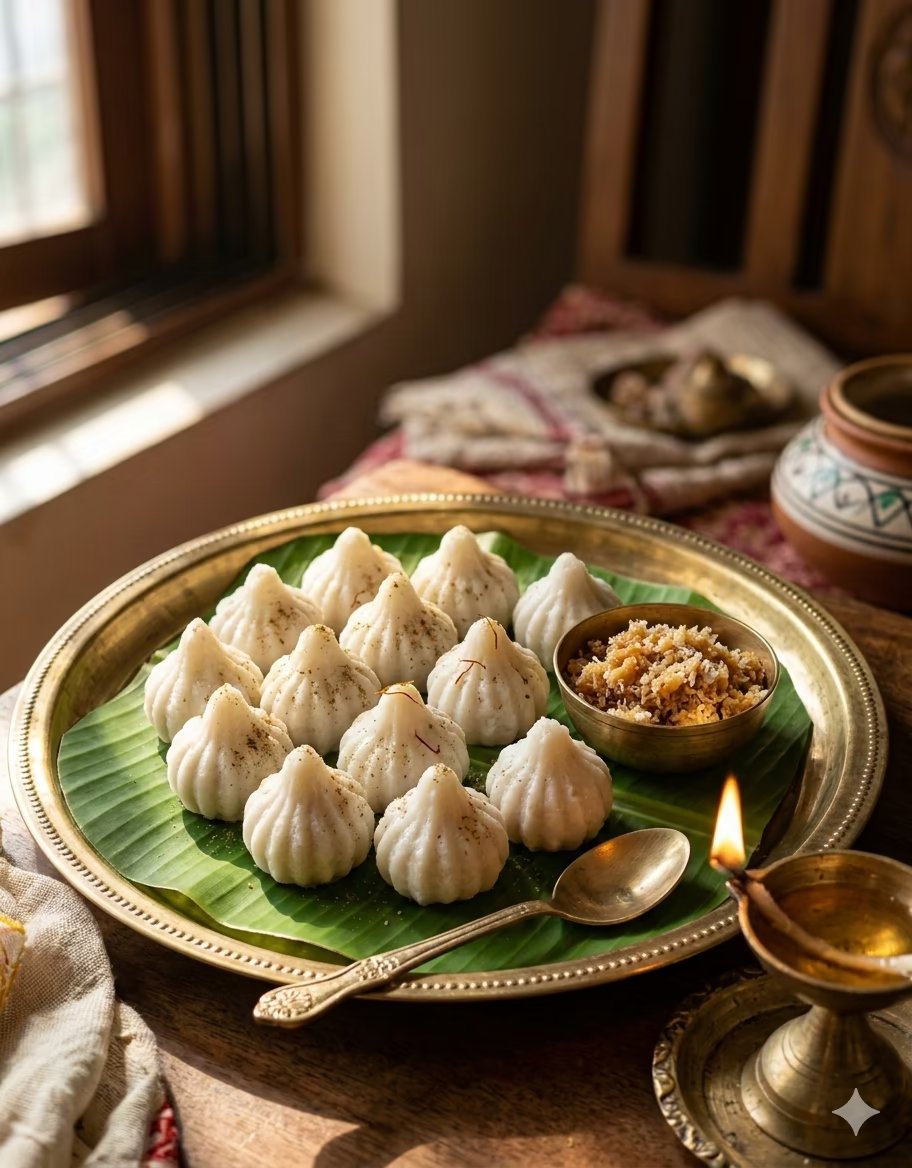 Ukadiche Modak on brass thali with diya and banana leaf